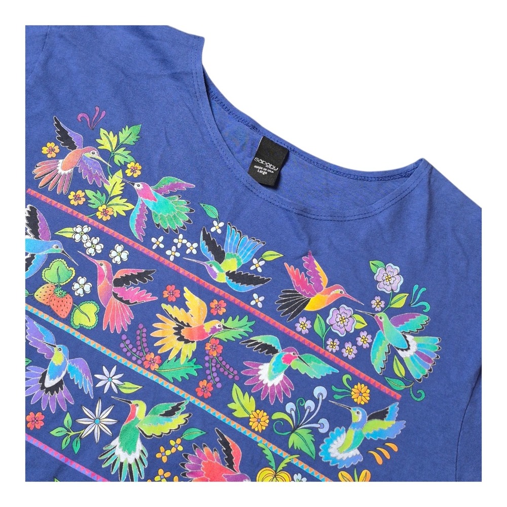 Sabaku Women's L Blue Hummingbird Huipil Graphic Shirt 3/4 Sleeve Made in USA